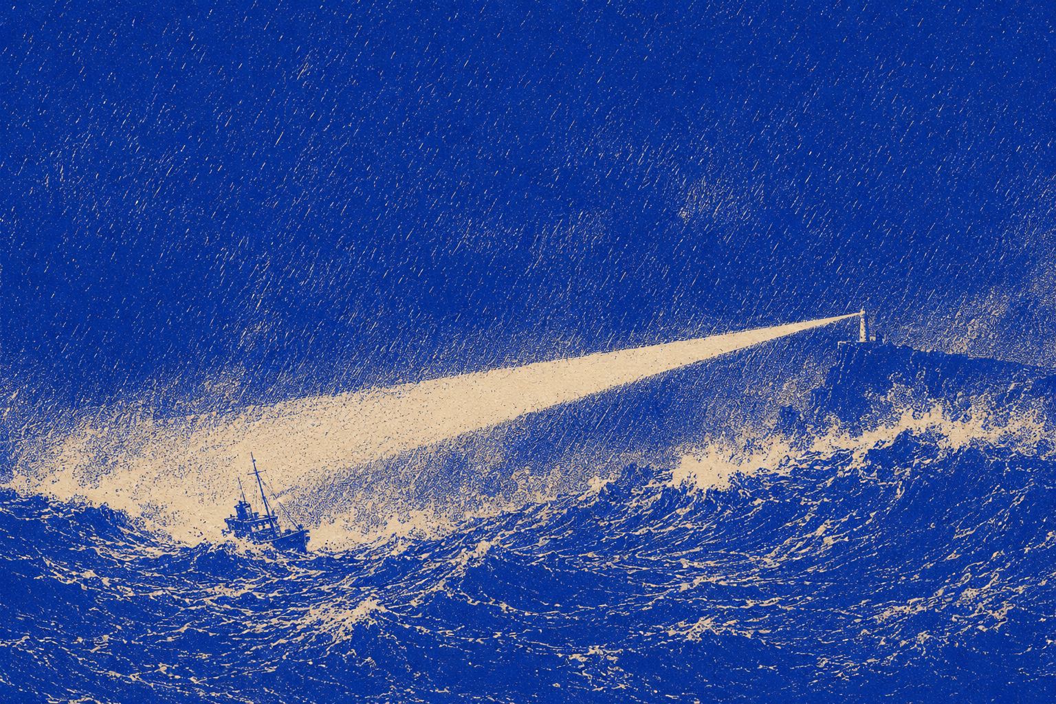 A small ship pitching through heavy seas under driving rain, with one clean beam from a distant lighthouse cutting across the storm and finding it.