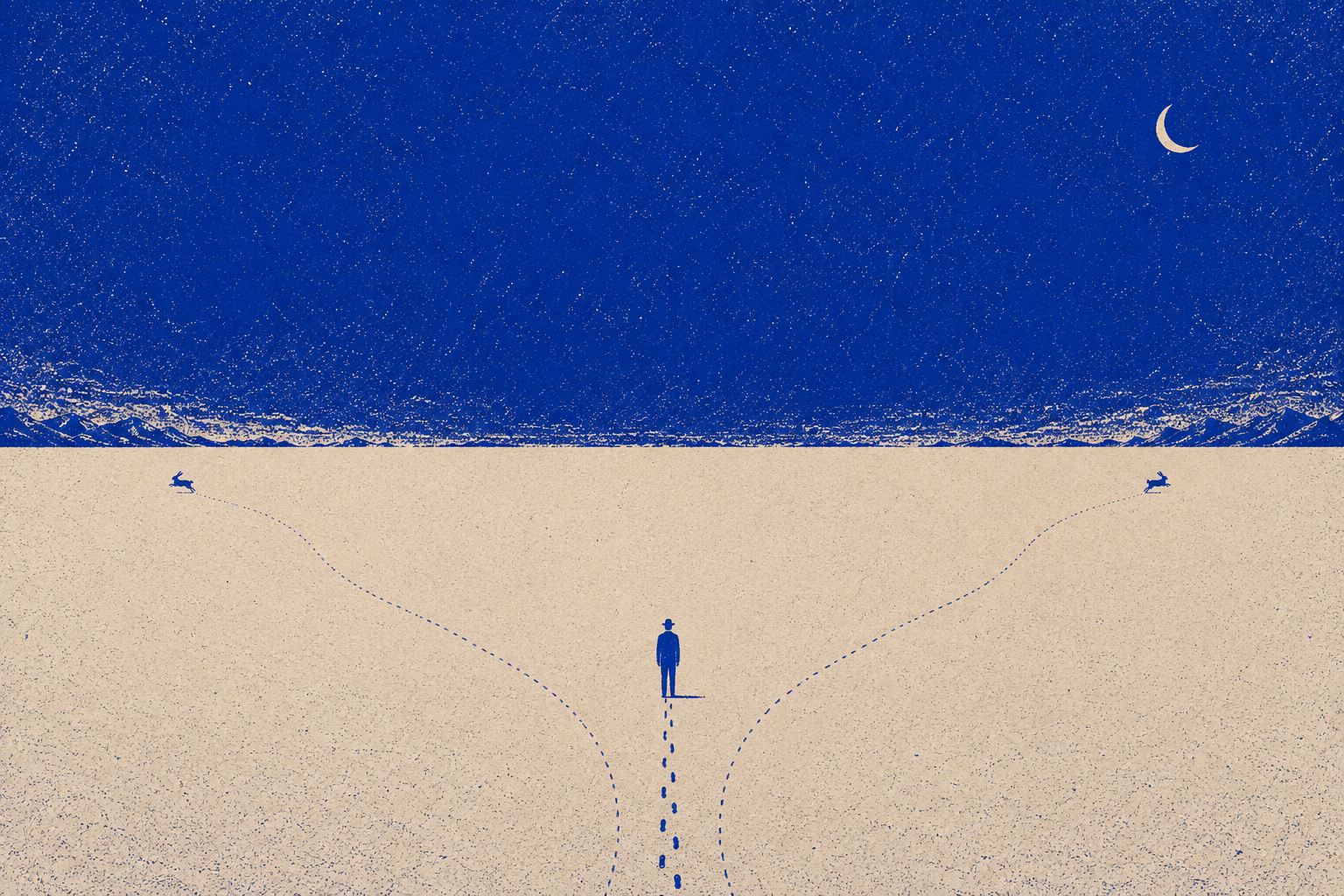 A vast moonlit plain. A lone hunter stands where his single line of footprints splits into two trails, one curving away to each of two rabbits running toward opposite horizons.